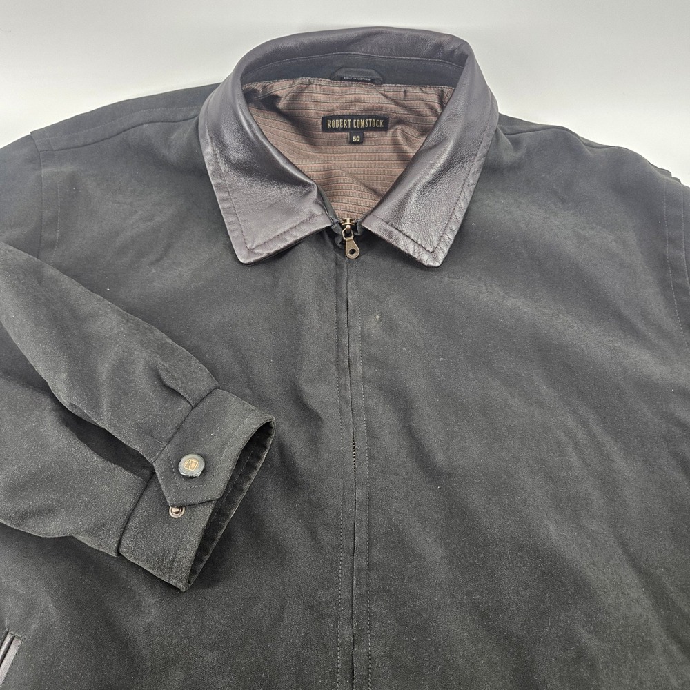 Robert Comstock Mens Black Harrington Jacket Leather Collar Trim Size 50